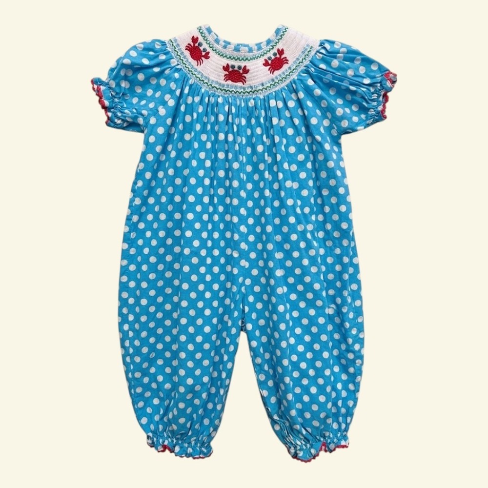 Lil Cactus Blue Polka Dot Smocked Crab Romper One Piece 18-24M